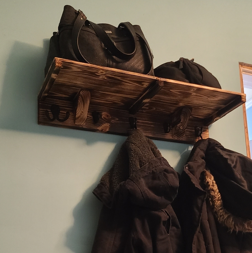 Handmade rustic wooden coat hook with shelf